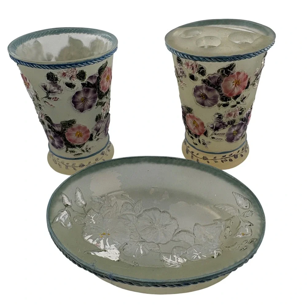 Vtg‎ 80s Ceramic Floral Bathroom Vanity Set Toothbrush Holder Soap Dish Blue 3pc